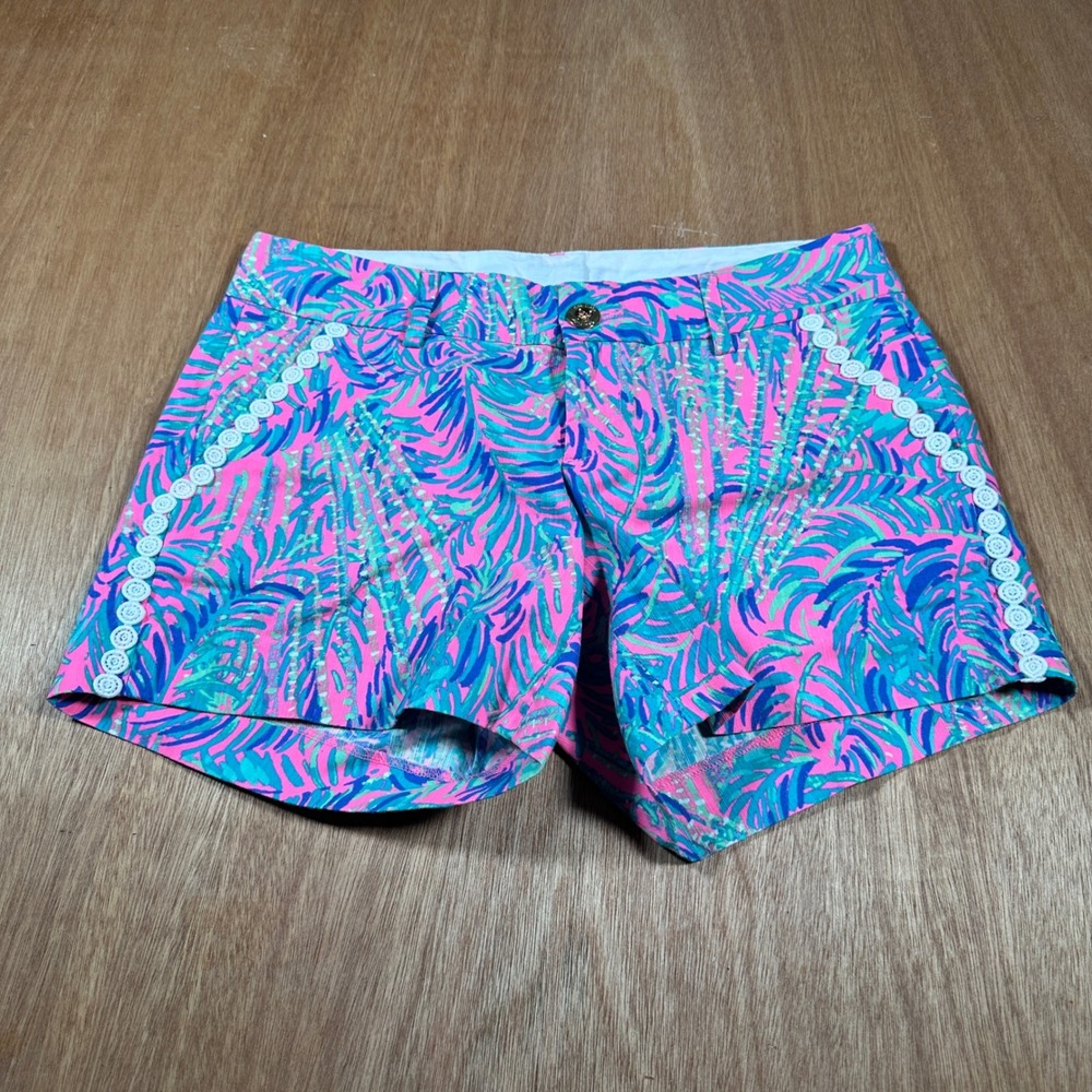Lilly Pulitzer Callahan Shorts Women 4 Pink Blue Tropical Palm Lace Trim 5"